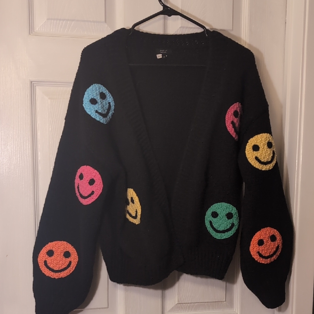 Smiley Face Black Cardigan Sweater